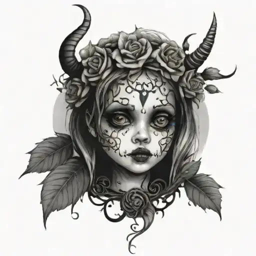 A Creepy Doll Head Surrounded By A Wreath Of Flowers And Thorns