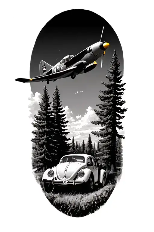 Doug Fir Trees With A P-51 Flying Overhead And A Vw Beetle Parked Near The Base Of The Trees