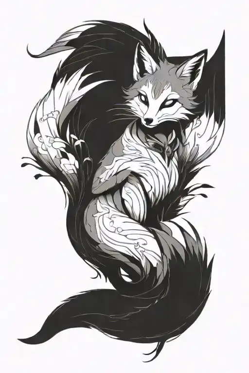 Minimalist And Female Kitsune Fox Full Body With Tails On Blackout