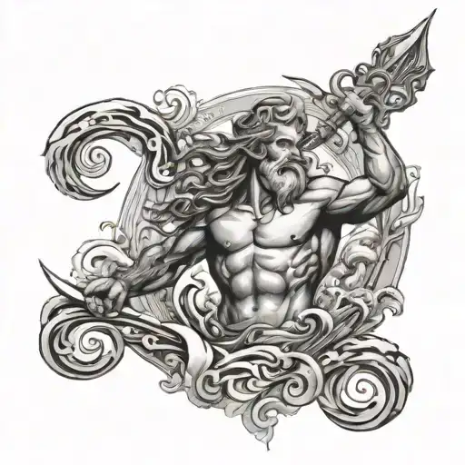 A Majestic Poseidon Holding A Trident Surrounded By A Swirling Ocean Scene