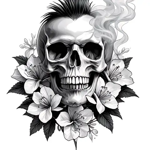 Skull Front Facing With A Mohawk That Is Smoking With Rhododendron Flowers