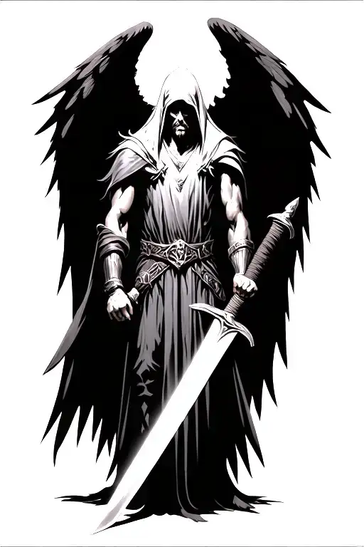 Azrael Holding A Sword While His Wings Are Wide Open