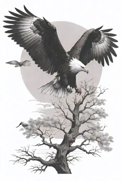 An Eagle Flying Over A Tree With A Raven And A Pond With A Swan