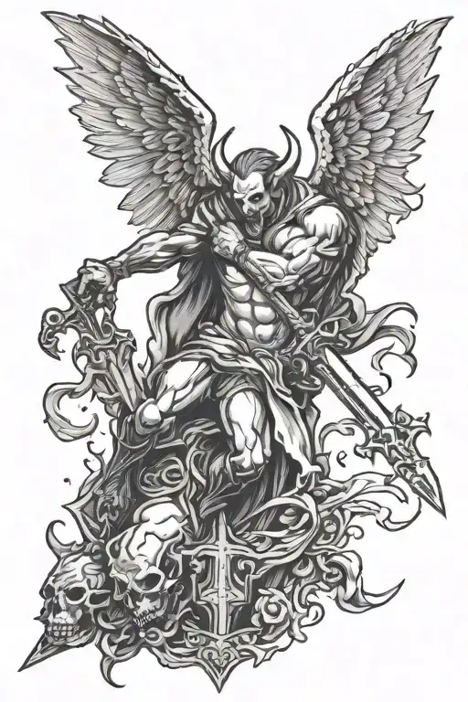 Devil Being Crushed By Angel With Sword Shaped As A Cross