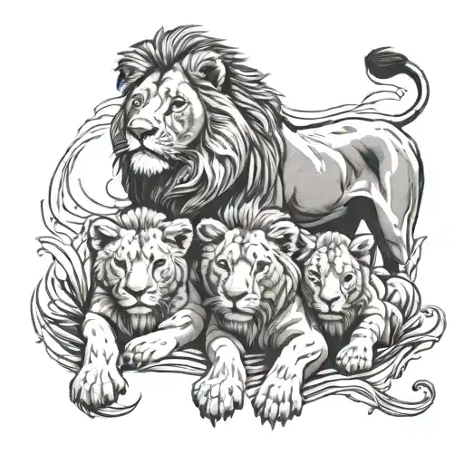 Lion Protecting Three Cubs Playing