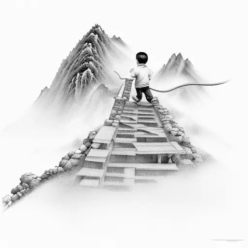 Chinese Inkwash Mount Tai Man Child Climbing Steps