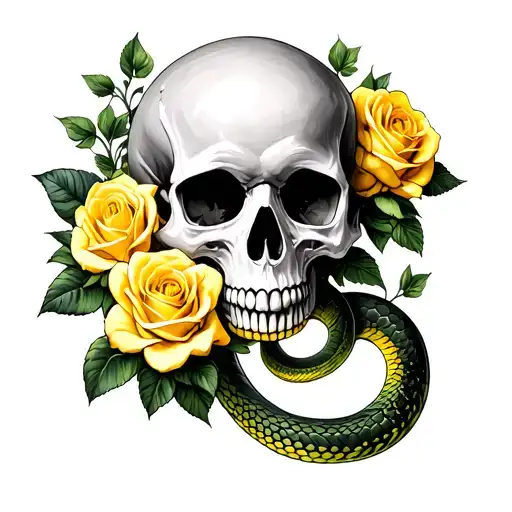 Skull And Roses Next To Yellow Roses Green Snake