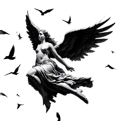 Falling Angel With Wings Spread Wide With Birds Flying Around
