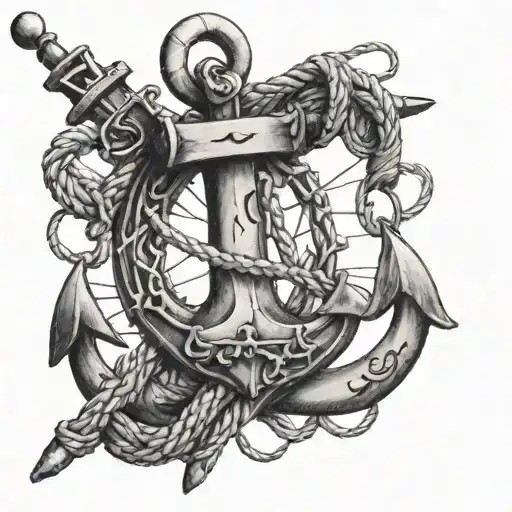 A Detailed Anchor With Intricate Fishing Hooks And Lines Wrapped Around It