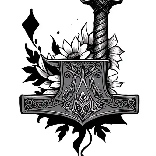 Mjolnir Tattoo With Floral Elements Incorporated Representing