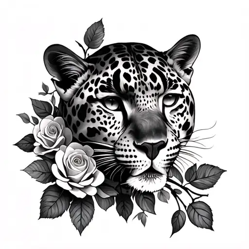 Leopard And Rose With A Vine On Which Small Roses