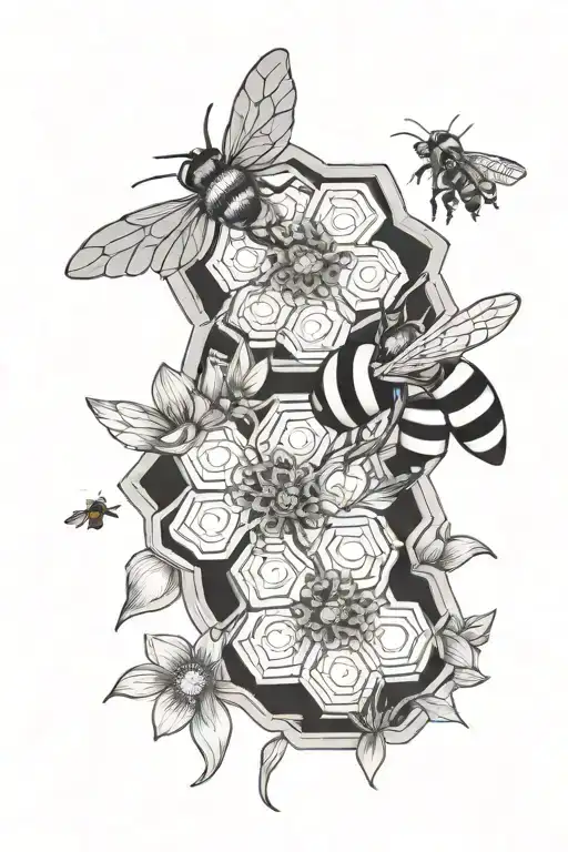 Honeycomb And Bee And Flowers Intertwined