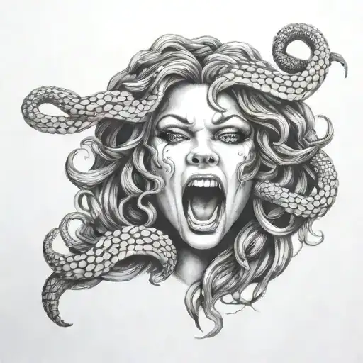 Medusa Head With 2 Extra Snakes Beside Her With There Mouths Open And Fangs Out
