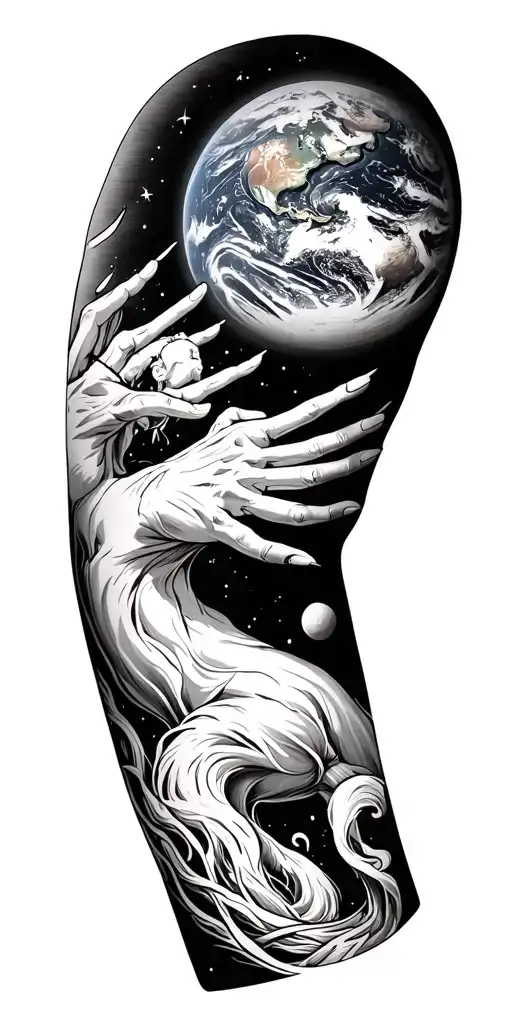 Tattoo For The Full Arm Where The Begins Of The Human Being On The Planet Earth Is Represented