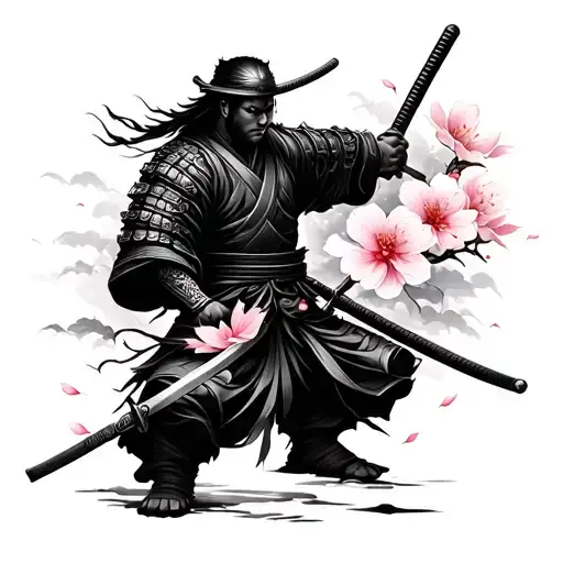 Samurai With Katana And Sakura Petal