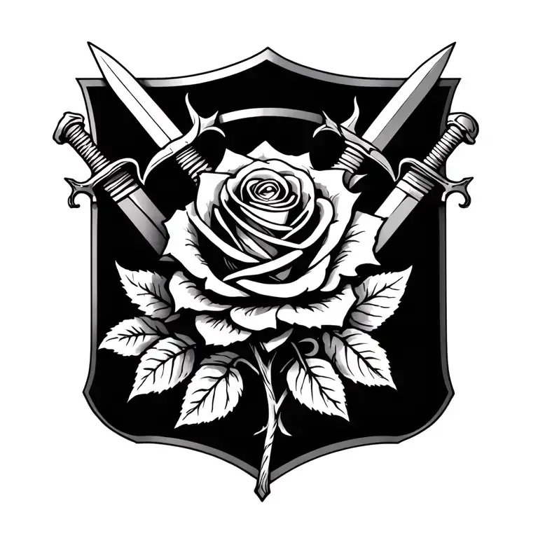 A Rose That Turns Its Stem Into An Outline Of A Sheild And With 3 Swords Behind The Sheild
