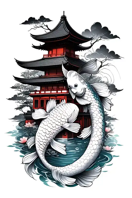 Japanese Style Temples And Koi Fish