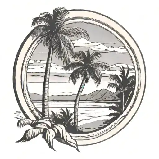 Minimalist Rounded Window Sill Looking Onto Beach With Palm Trees Ixtapa Mexico