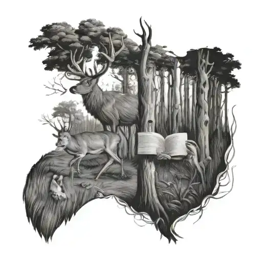 Deer In Woods With Book Leaning Up Against Tree