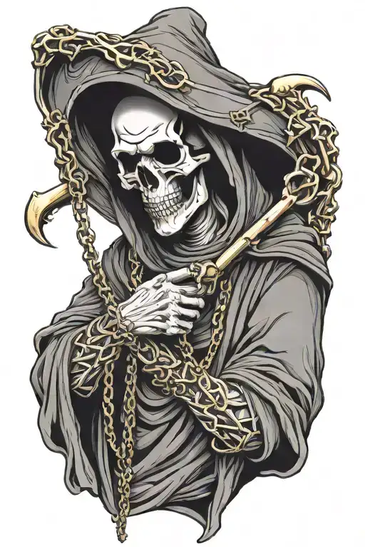 Grim Reaper Holding A Gold Chain That's Untwined With Skulls With Crowns