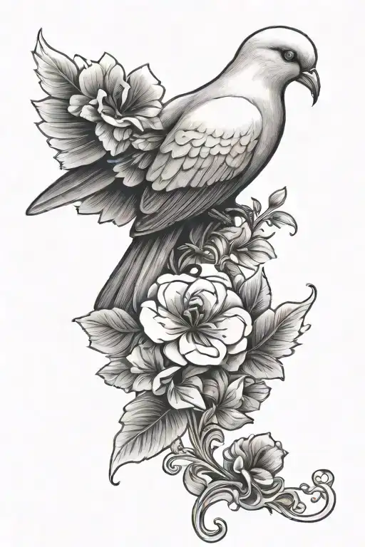 Flower And Dove Perched