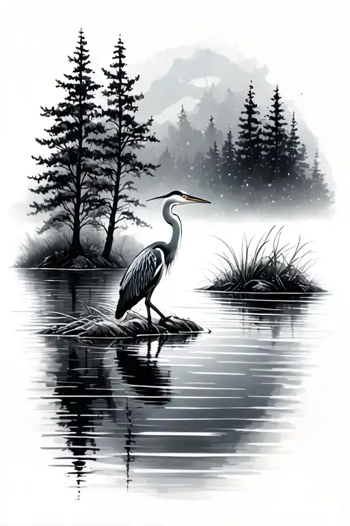 Aspens With Ripple Still Water And Heron Perched