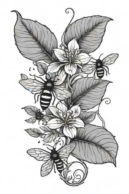 Long Flower Vine With Unpainted Leaves And Bees In Minimalist Style