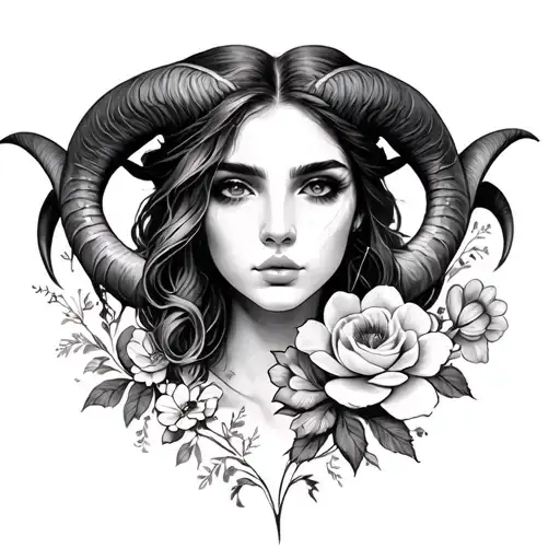 Half Woman's Face Aries Demon And Flowers
