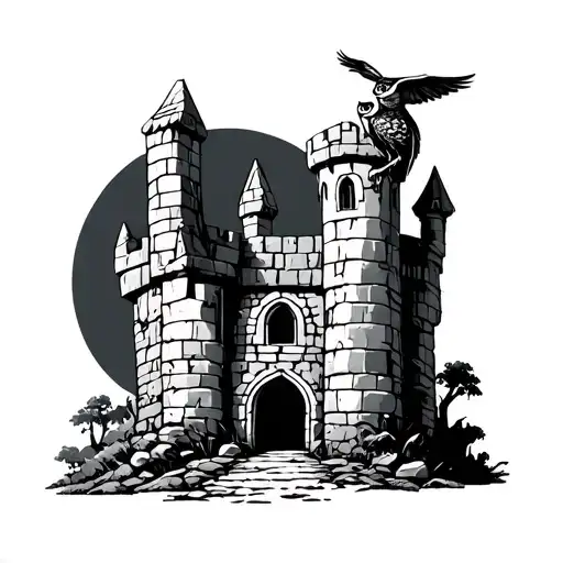 Simple And Small Ruined Medieval Castle With An Owl Perched Atop