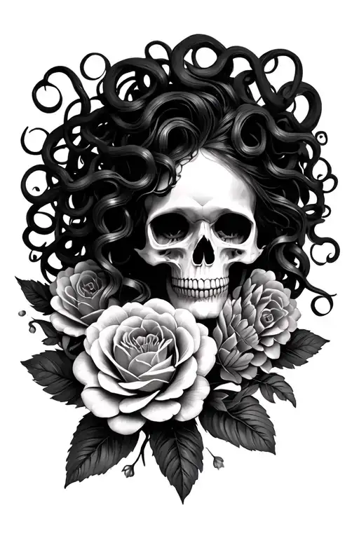 Medusa Head And Feminine Skull Surrounds By Flowers