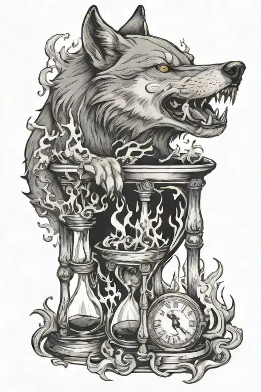 A Wolf Biting A Melting Hourglass Filled With Flames