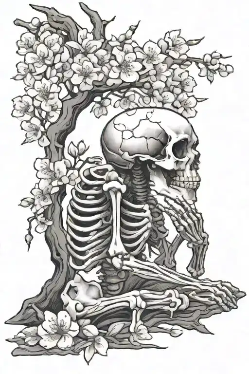Skeleton Praying Next To A Cherry Blossom Tree