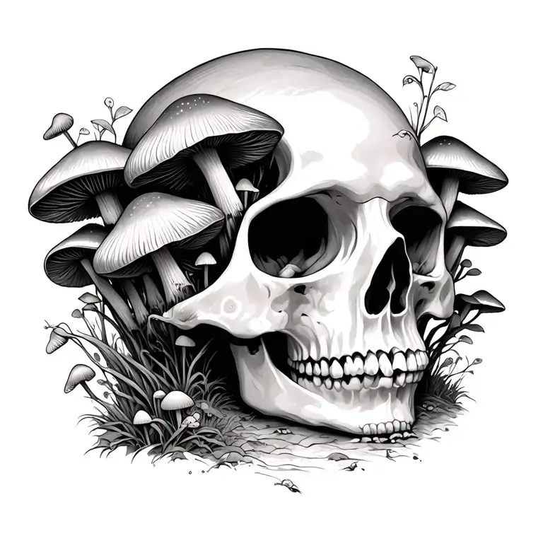 Mushrooms Growing In Skull On A Magical Nature Trail In The Dream World
