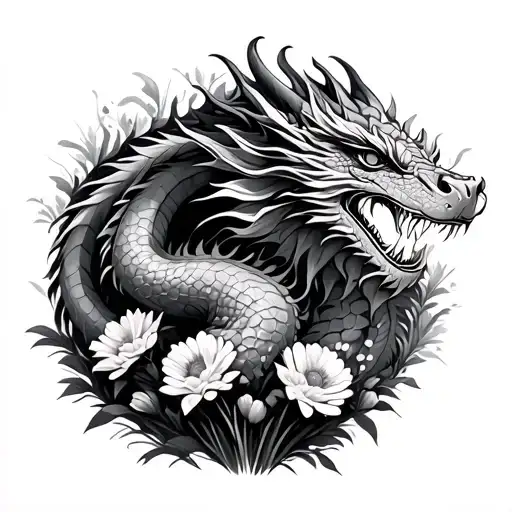 Dragon Rolling In A Field Of Flowers