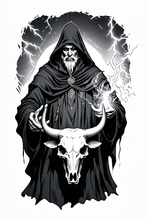 Dark Hooded Wizard Casting A Spell Wearing A Bulls Skull Casting Black Lightning