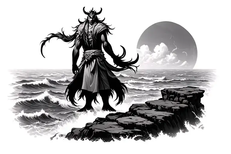 Oni Standing On The Side Of A Cliff Overlooking The Ocean