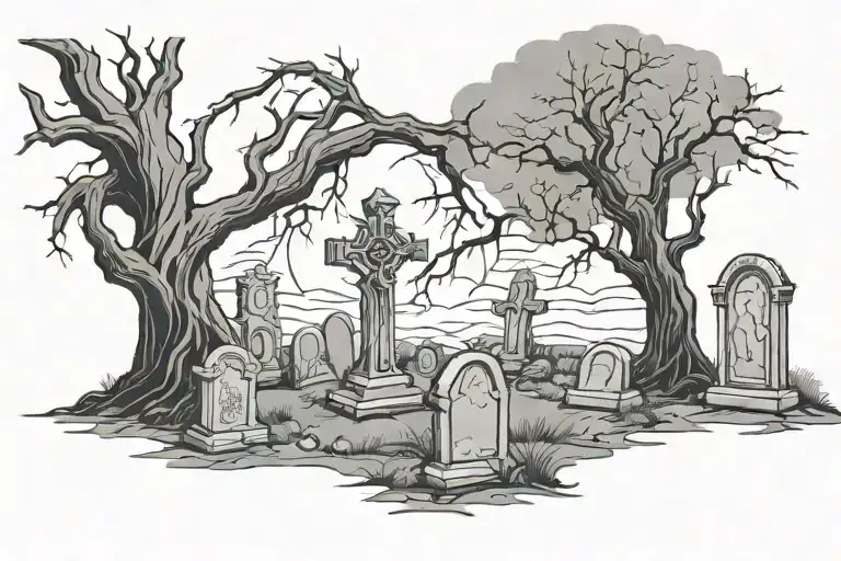 Graveyard With 6 Tombstones Grim Reaper And Dead Tree Gothic On Stomach