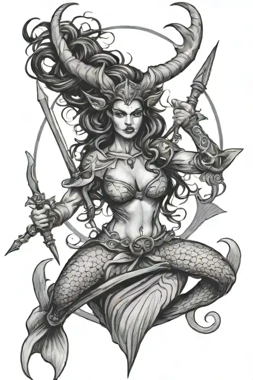 Female Mermaid Demon With Horns And A Trident