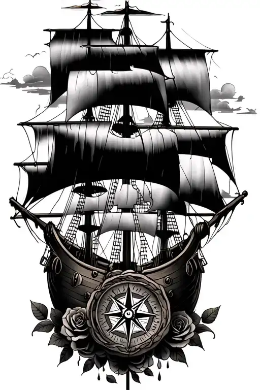 Pirate Ship Facing Forward With Compass Surrounded By Rain Cloud With Roses