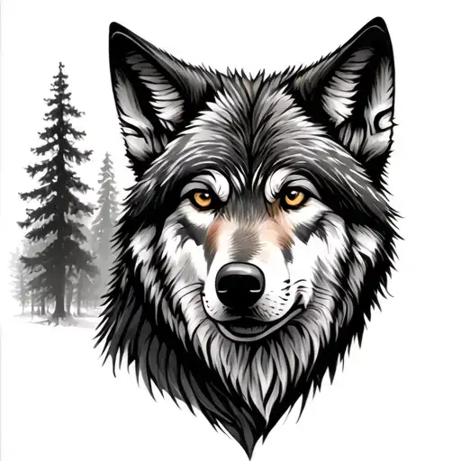 Wolf And Wolf Pup With Forest