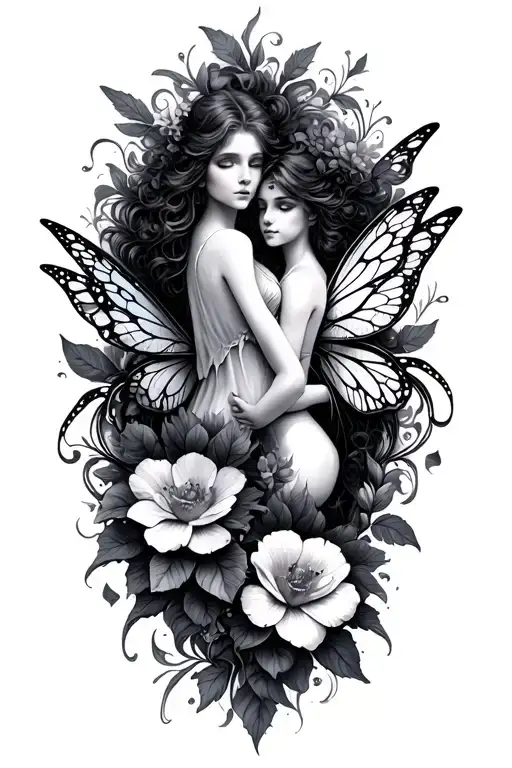 Two Fairies And Flowers Intertwined