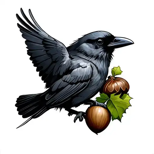 Crow Flying Holding An Acorn