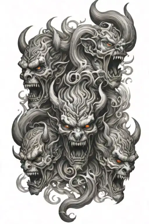Multiple Demon Heads In Smoke Swirling