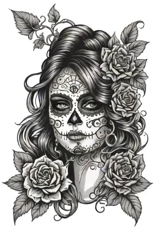 Sugar Skull Female Face With Flowing Black Hair And Marigolds In Her Hair