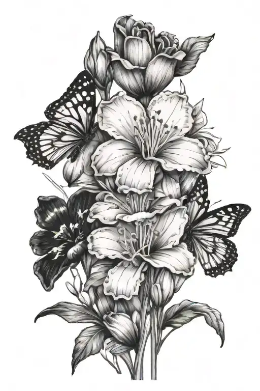 Fine Line Spine Tatto Of Carnation And Snowdrop Flowers With Butterflys