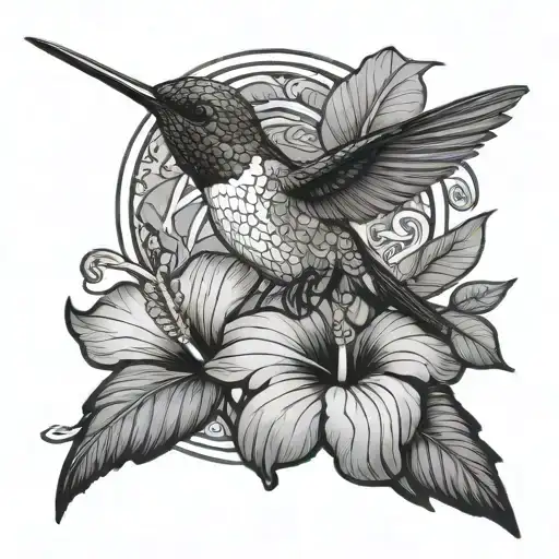 Flying Hummingbird Pollinates An Open Hibiscus With Ornaments