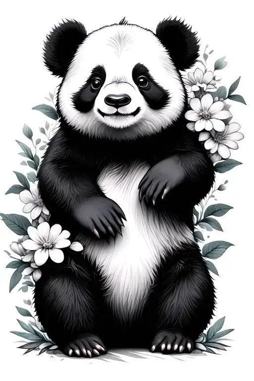 Cute Panda With Flowers Surrounding