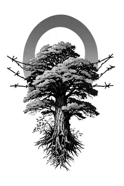 Native Texas Trees And Plants Between Barbed Wire Fence Panels