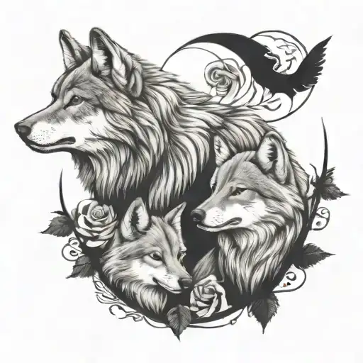 Mom And Dad Wolf And 2 Cubs Intertwined With Roses