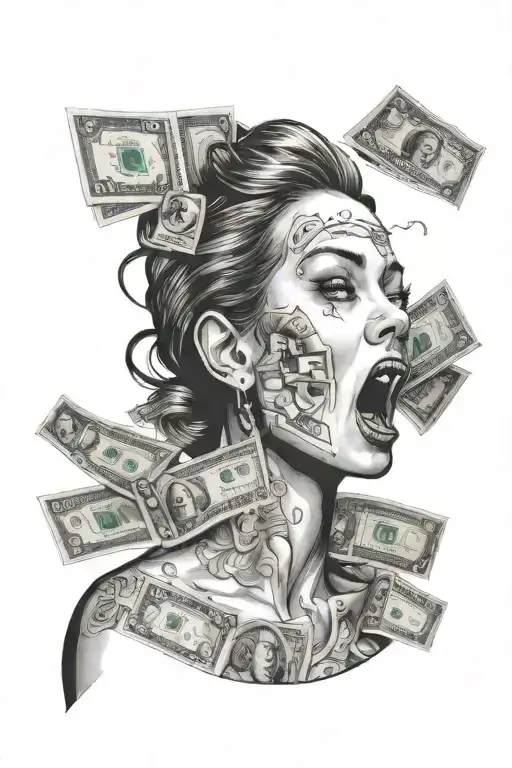 Woman With Money In Her Mouth Open Looking